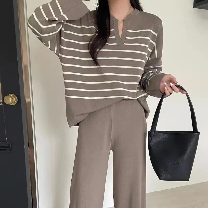 Women's Winter Sweater Set with Stripe Knit Pullover and Wide Leg Pants for Casual Elegance