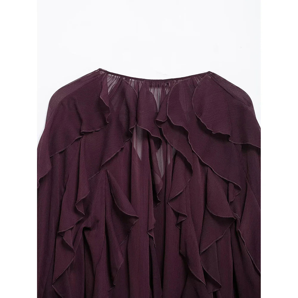 Loose Fit Burgundy Mesh Ruffle Shirt with Flutter Sleeves and Stacked Decorative Design for Women