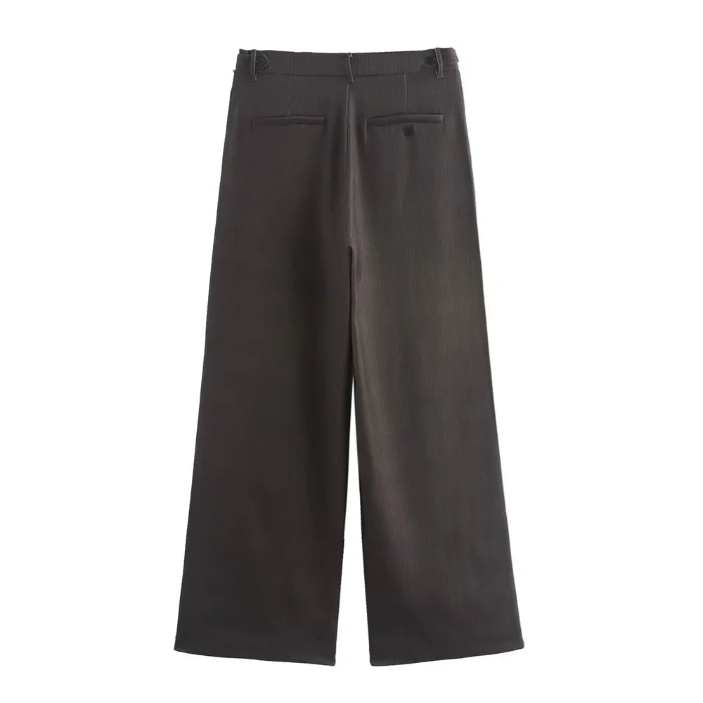 Autumn Women's Fashion Striped Loose Suit Coat with Buckle Decoration and High Waist Striped Pants Set