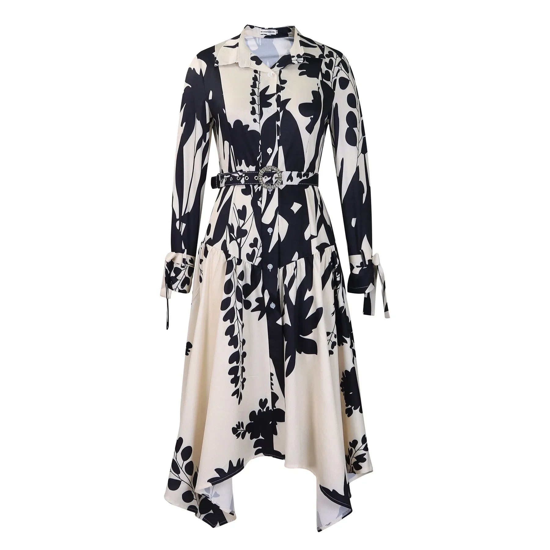 Printed Dress For Women Elegant Turn Collar Ankle Length