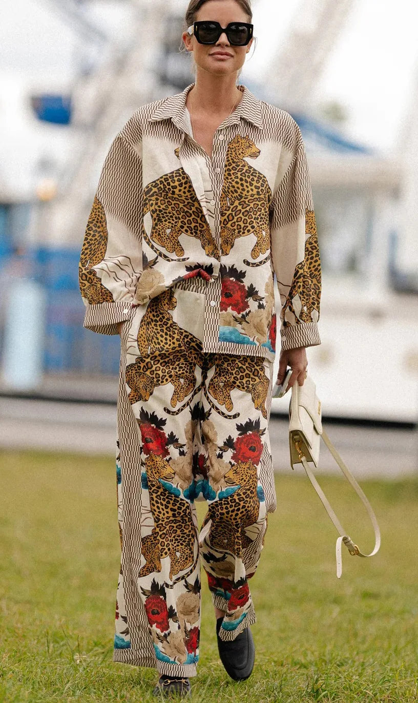 Autumn Women Leopard Print Suit Vintage Single Breasted Wide Leg Pants Set Casual Loose Outfit