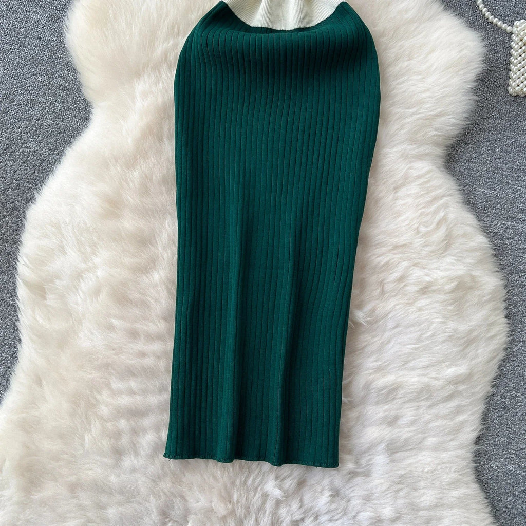 Patchwork Knitted Polo Collar Dress For Women Spring Summer