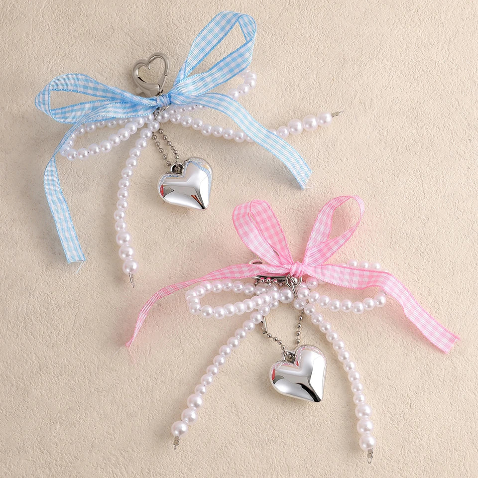 White Bowknot Heart Keychain for Women Sweet Charm Pearl Bow Backpack Key Ring Handmade Jewelry Ornament