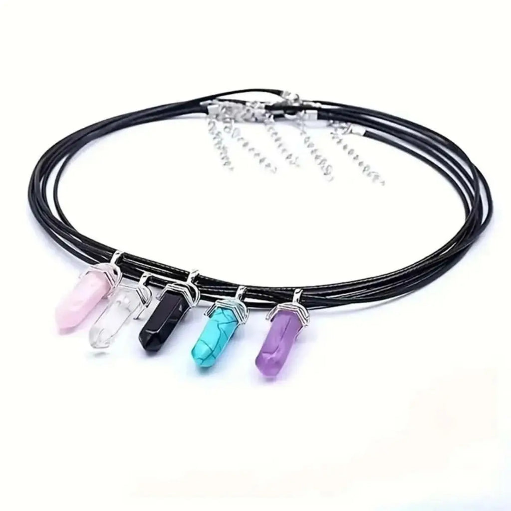 40PCS Hexagonal Chakra Crystal Pendant Necklace Set with Pointed Quartz Stones and Leather Chain Storage Bag