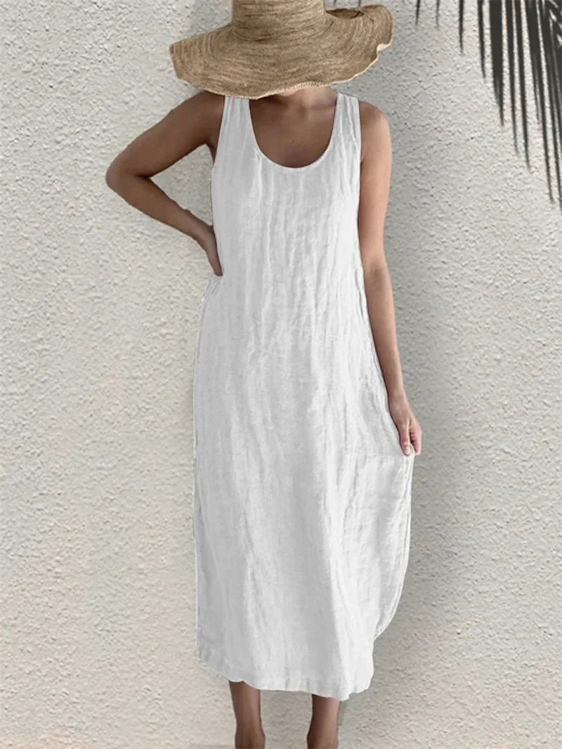 Women Cotton Linen Dress With Side Pockets O Neck Sleeveless