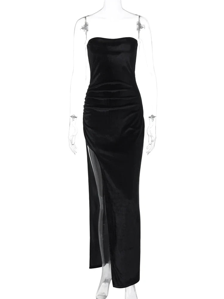 Velvet Strapless Maxi Dress for Women Elegant Clubwear