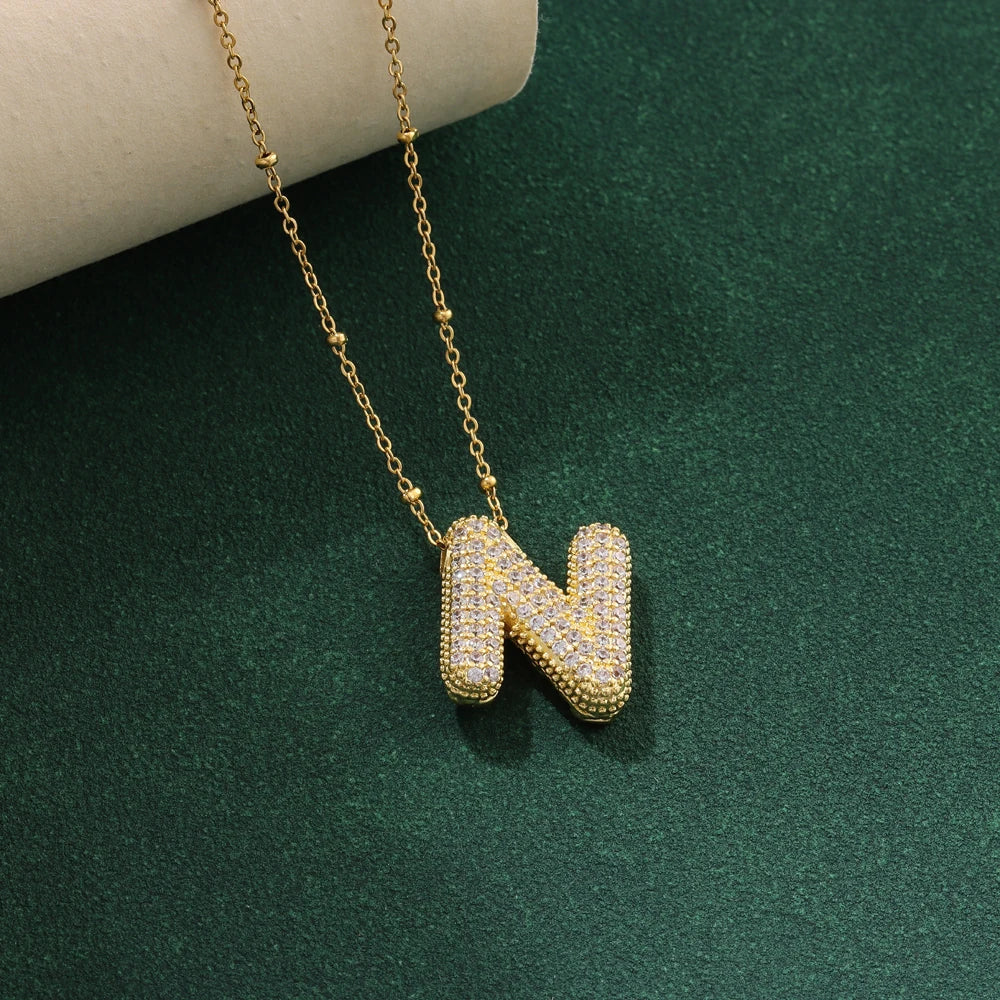 Luxury Zircon Crystal Initial Necklace for Women Stainless Steel Choker Chain Jewelry