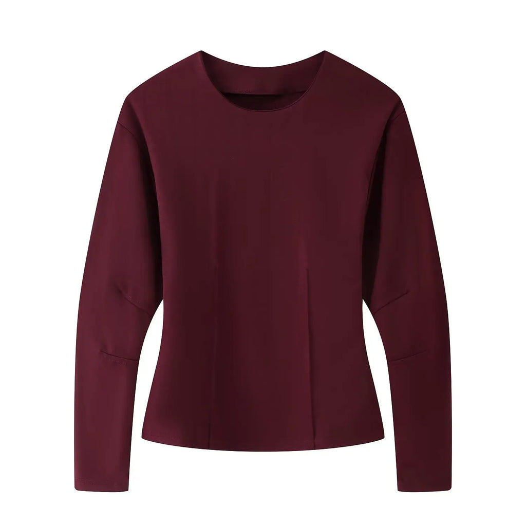 Casual Chic Red Women Elastic Two-Piece Set Long Sleeve Slim O Neck Top with High Waist Wide Leg Pants Stylish Spring Summer Outfit