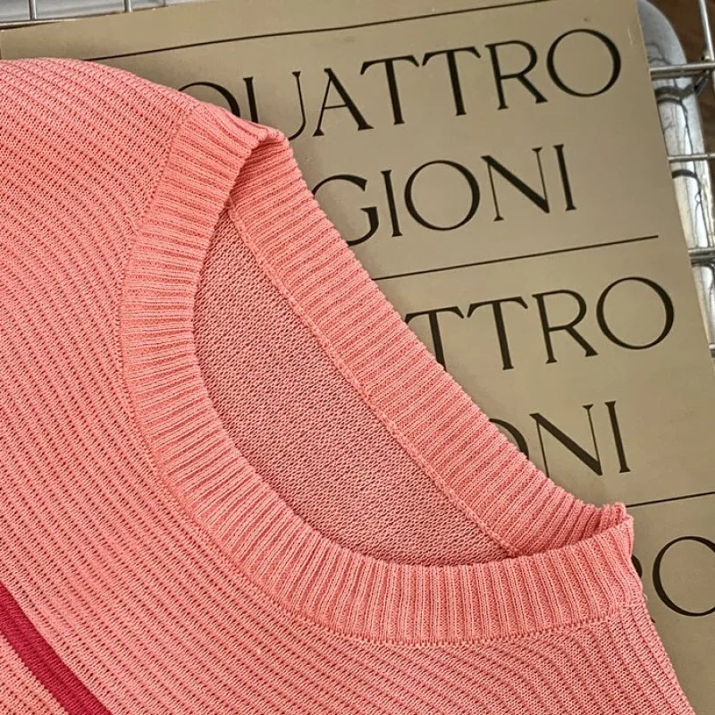 Summer Knit Bodycon Dress O Neck Short Sleeve Stripe Print