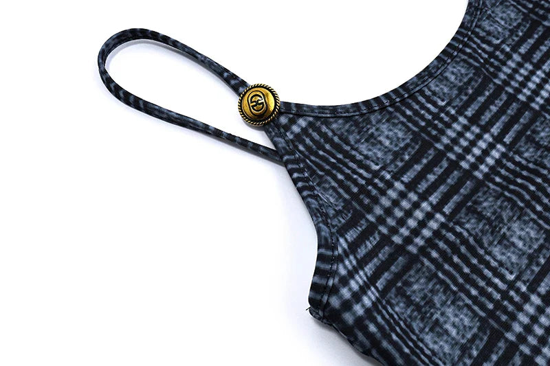 Plaid Backless Bodycon Mini Dress with Suspender Straps