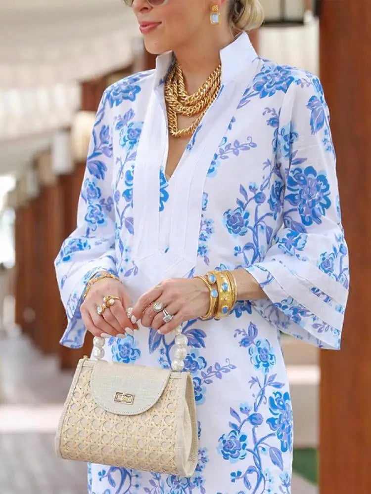 Floral Print Midi Dress With Deep V Neck And Split