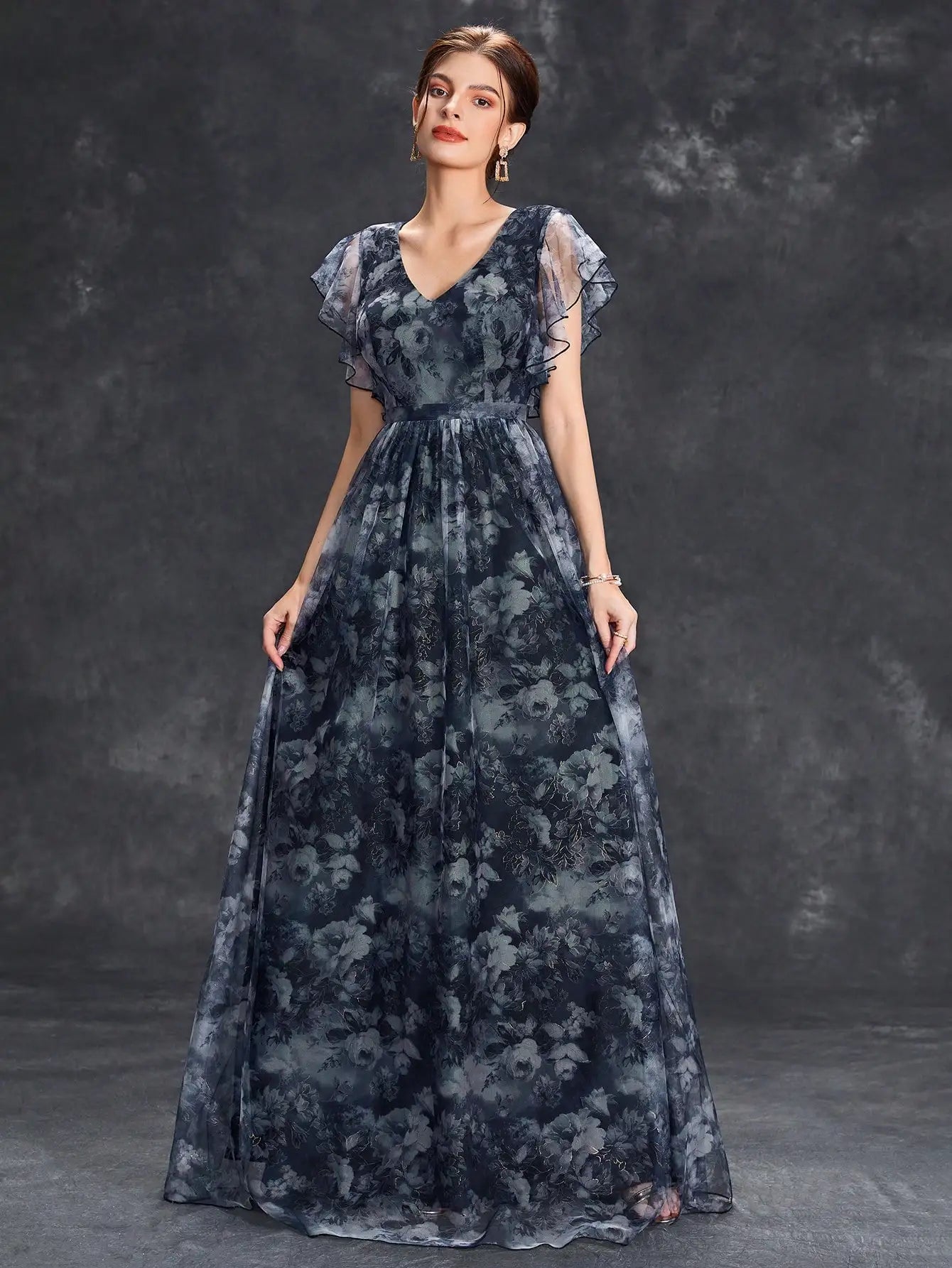 V Neck Lace Patchwork Evening Gown With Ruffled Sleeves
