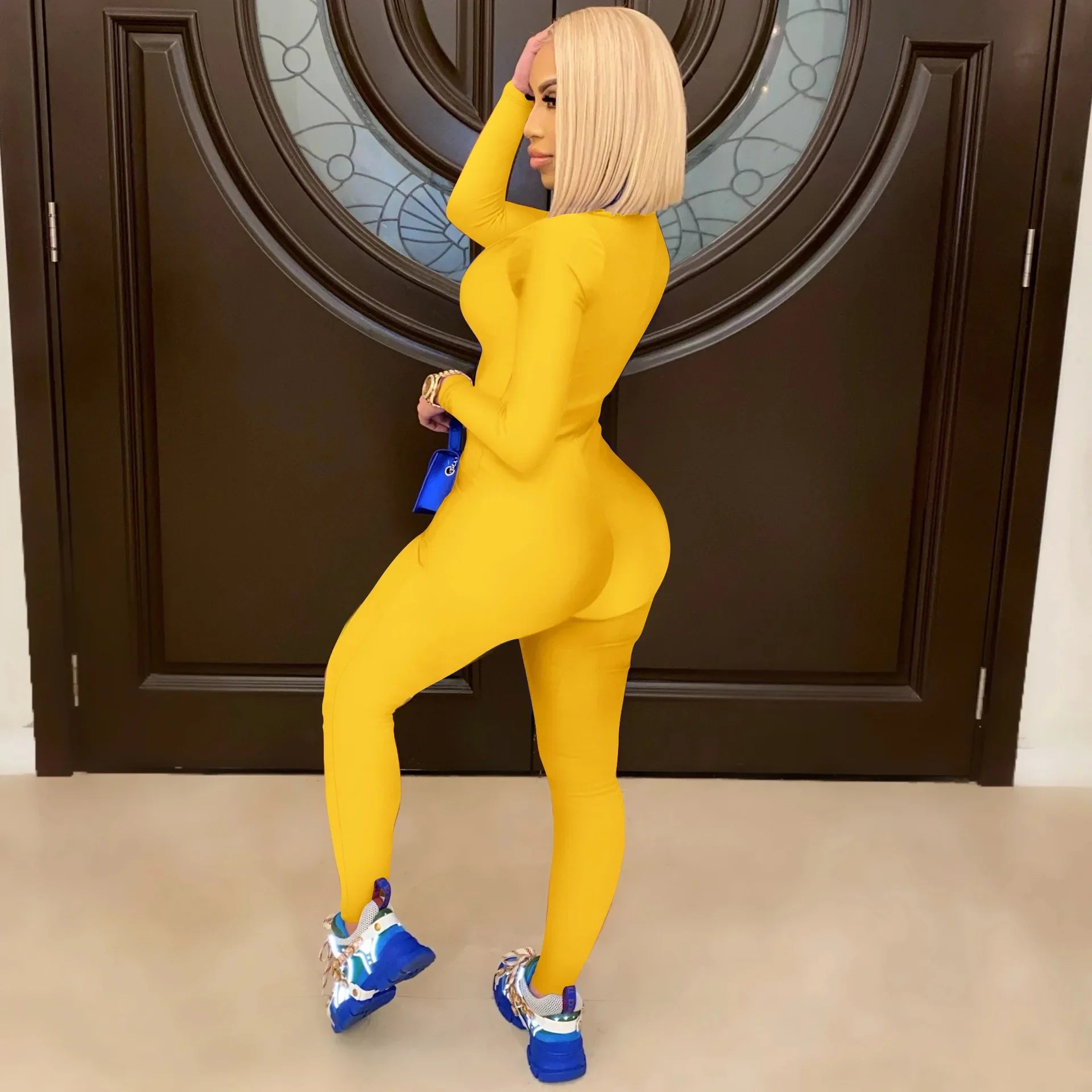 Women's Bodycon One-Piece Jumpsuit with Long Sleeves and Large Front Zipper Casual Sporty Skinny Workout Overalls Top