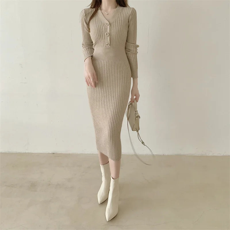 Knit Sweater Dress For Women V Neck Maxi With Buttons