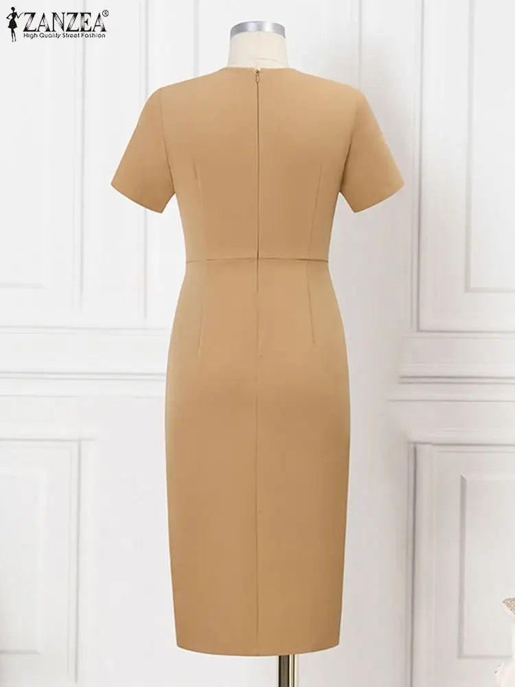 Elegant Women Midi Dress Solid Color Short Sleeve Casual