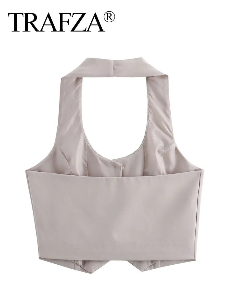 Women Fashion Solid Vest Pant Suit Set with Single Breasted Halter Cropped Top and High Waist Patchwork Trousers for Office Wear