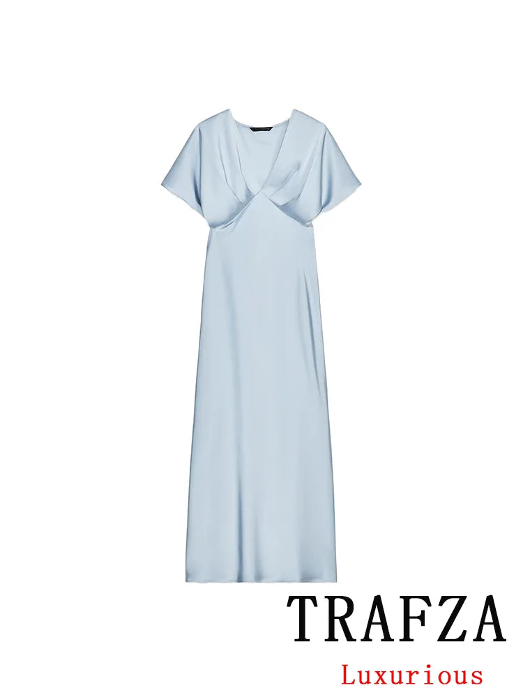 Satin V Neck Long Dress For Women Elegant Party Gown