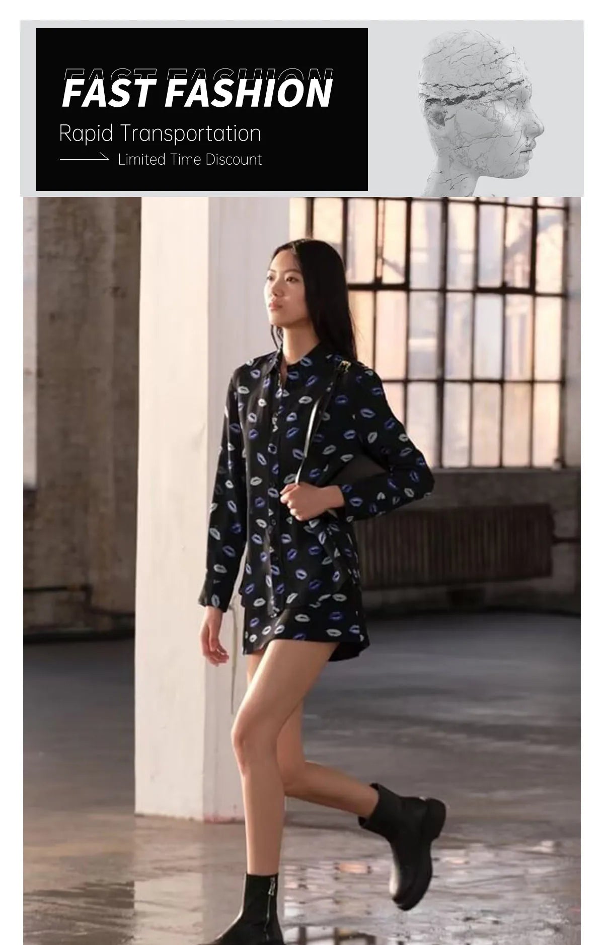 Women's Flip Collar Printed Slim Fit Shirt and High Waist Mini Skirt Set Stylish Versatile Outfit for Spring and Summer