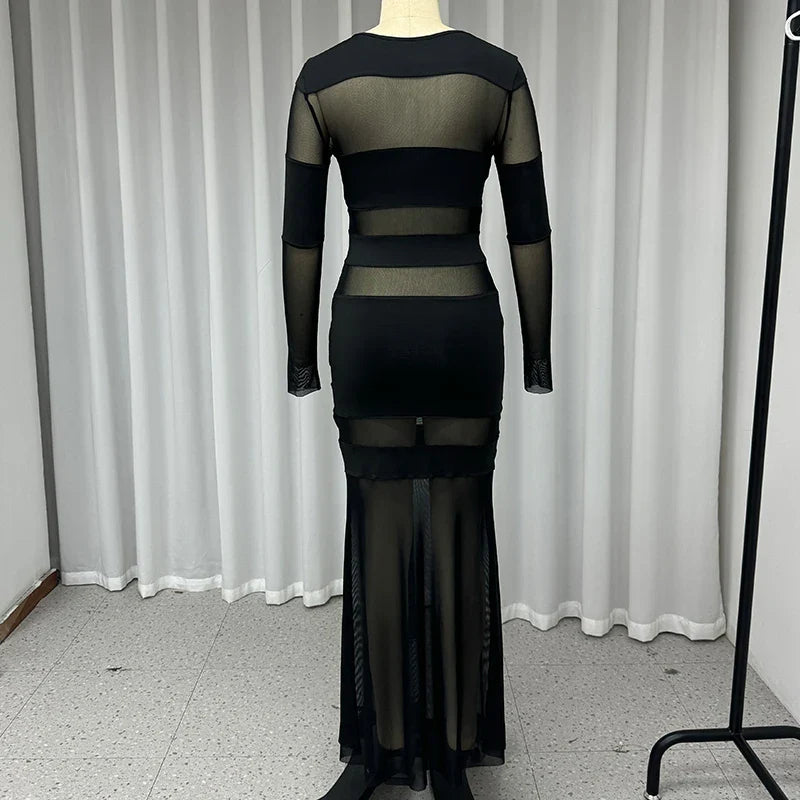 Hollow Out Sheer Dress For Women Round Neck Long Sleeve
