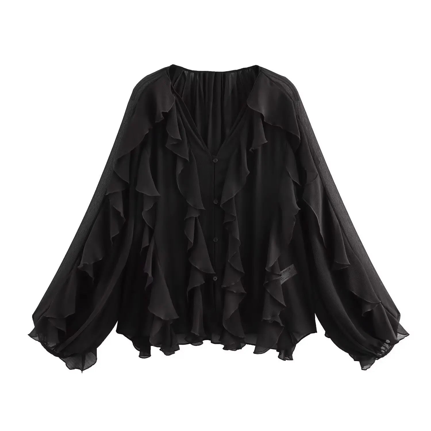Sexy Translucent Ruffle Blouse for Women V Neck Single Breasted Tiered Casual Beach Shirt
