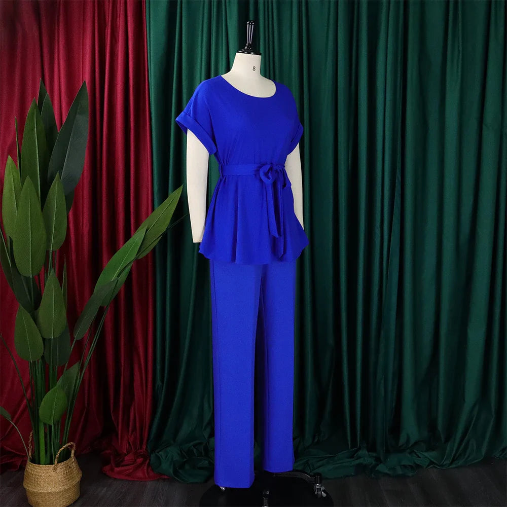 Women's Elegant 2 Piece Pants Set with Solid Blouse Short Sleeve O Neck and Long Trousers