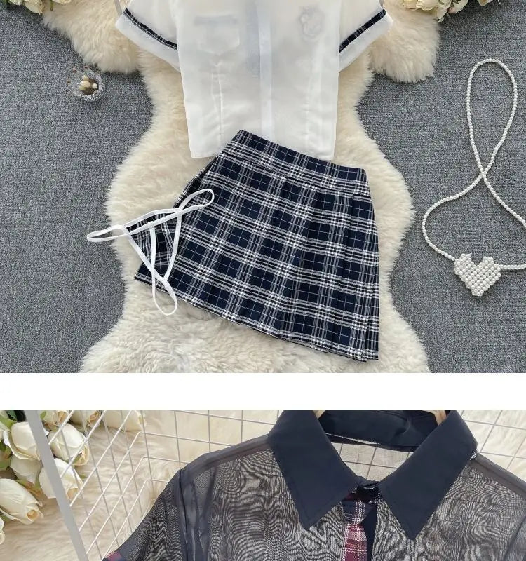 Sexy Preppy Style JK Set for Women Polo Neck See-Through Crop Top Plaid Pleated Short Skirt Student Cosplay Outfit
