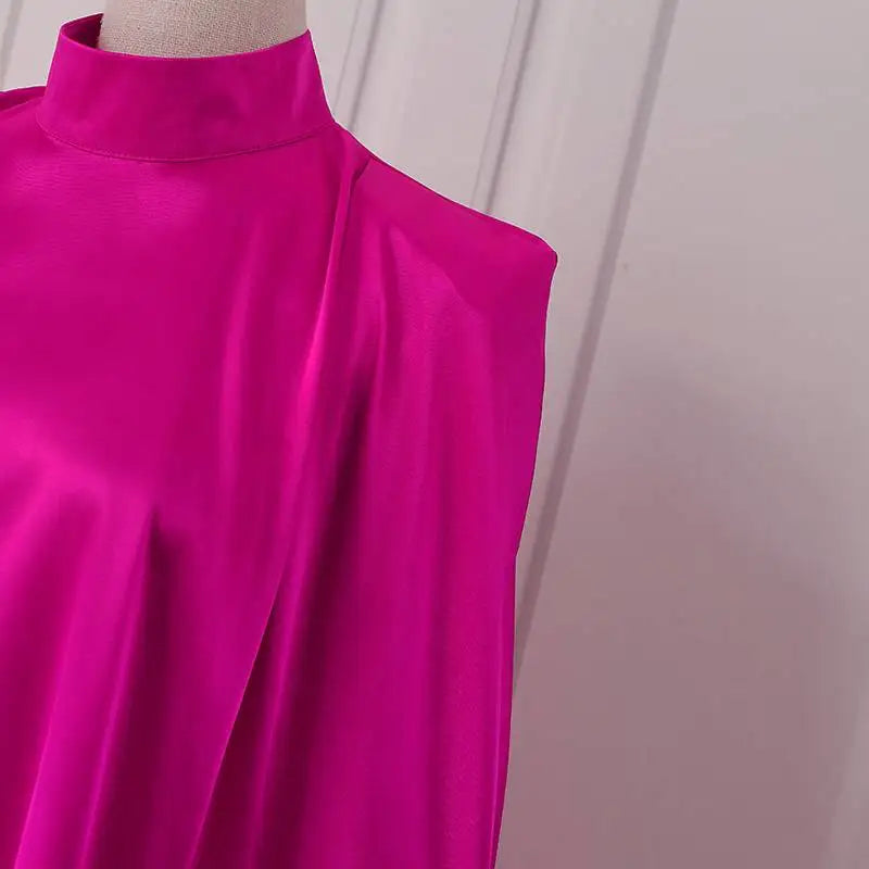 Satin Pleated Evening Dress With Stand Collar Long Sleeve