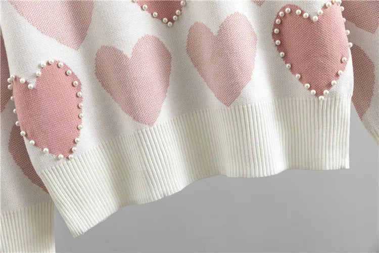 Chic Women Knit Sweater and Harem Pants Set with Embroidery Bead Heart Design