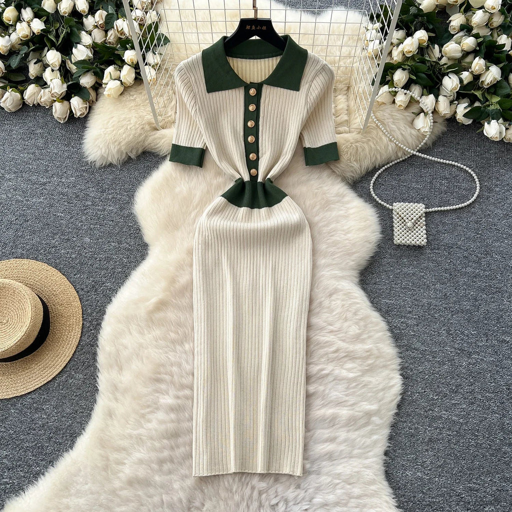 Patchwork Knitted Polo Collar Dress For Women Spring Summer