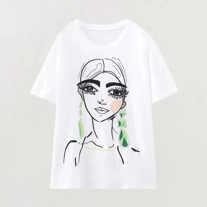 Summer Women's Casual Printed Cotton T-Shirt Comfortable Breathable Short Sleeve Top