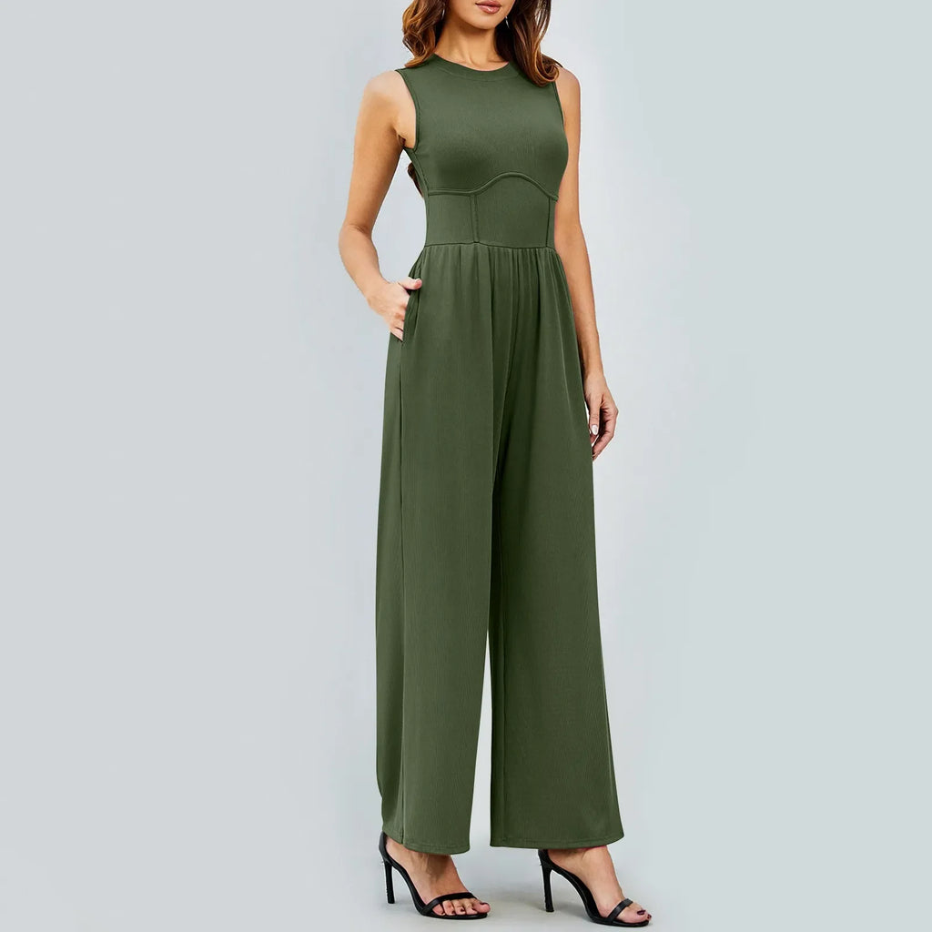 Women Sleeveless High Neck Ribbed Tank Top Jumpsuit Wide Leg Pants Romper with Tummy Control and High Waist Casual Summer Outfit