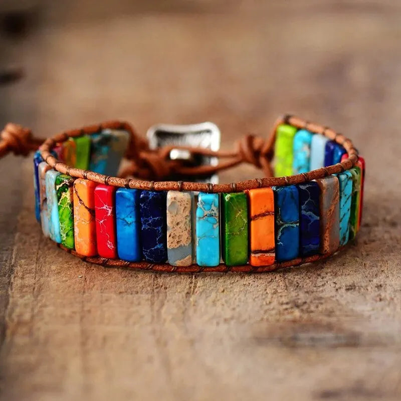 Bohemian Multicolor Chakra Healing Bracelet with Rectangular Stones and Leather Rope Woven Design