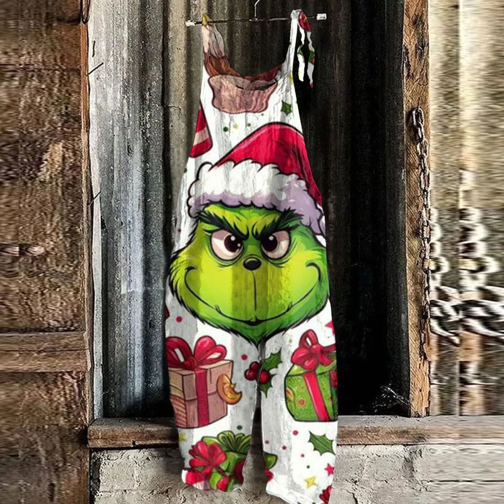 Kawaii Cartoon Print Casual Loose Vintage Strappy Jumpsuit Women's Fashion Festival Pants with Christmas Theme