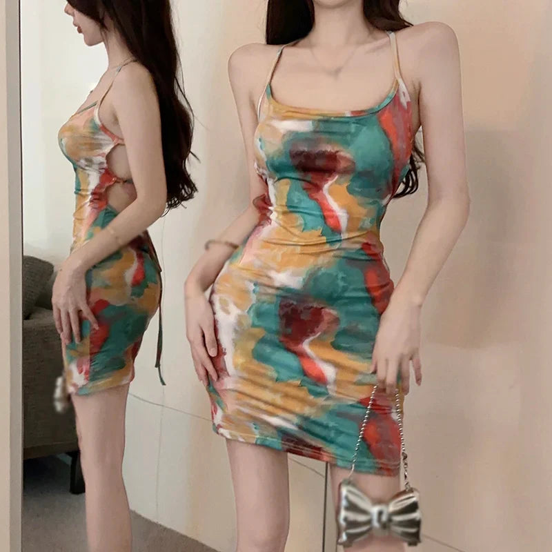 Womens Tie Dye Suspender Dress Backless Hollow Out Print