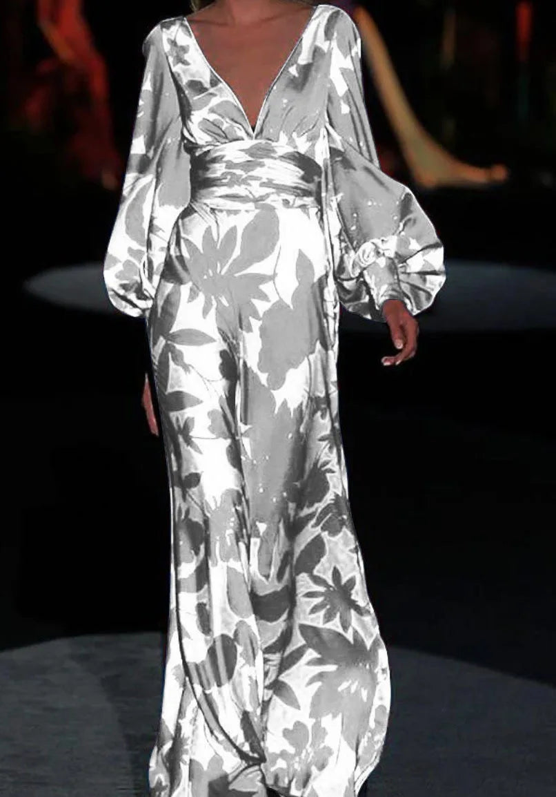 Printed Womens V Neck Lantern Sleeve Long Evening Dress