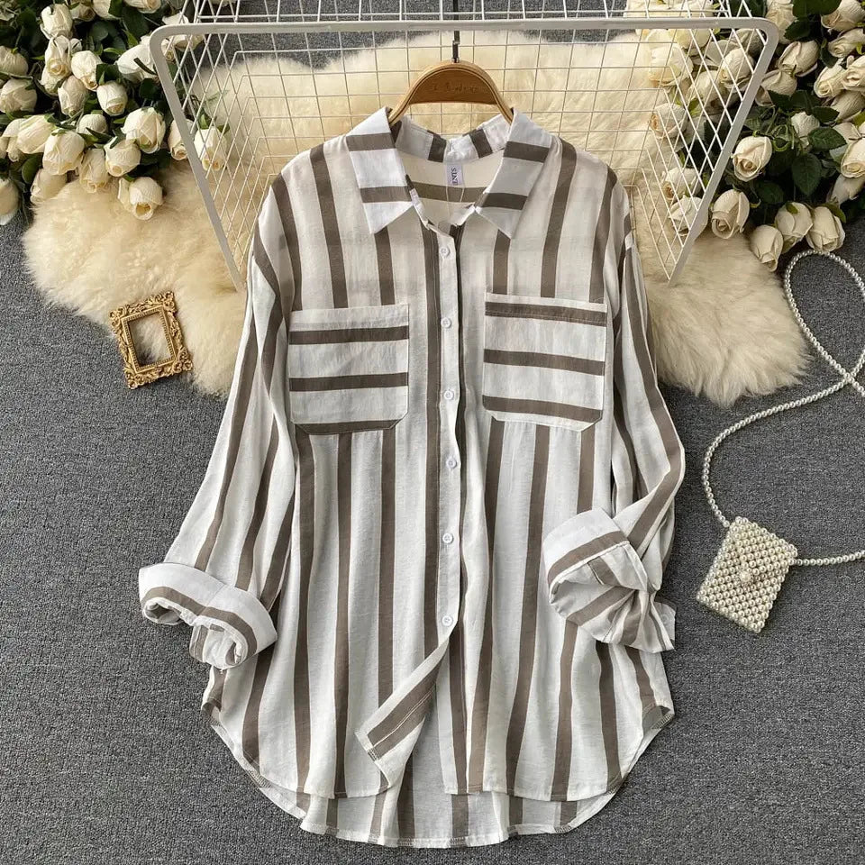 Elegant Medium Length Vertical Stripe Shirt Jacket for Women Casual Loose Fitting Korean Style Blouse