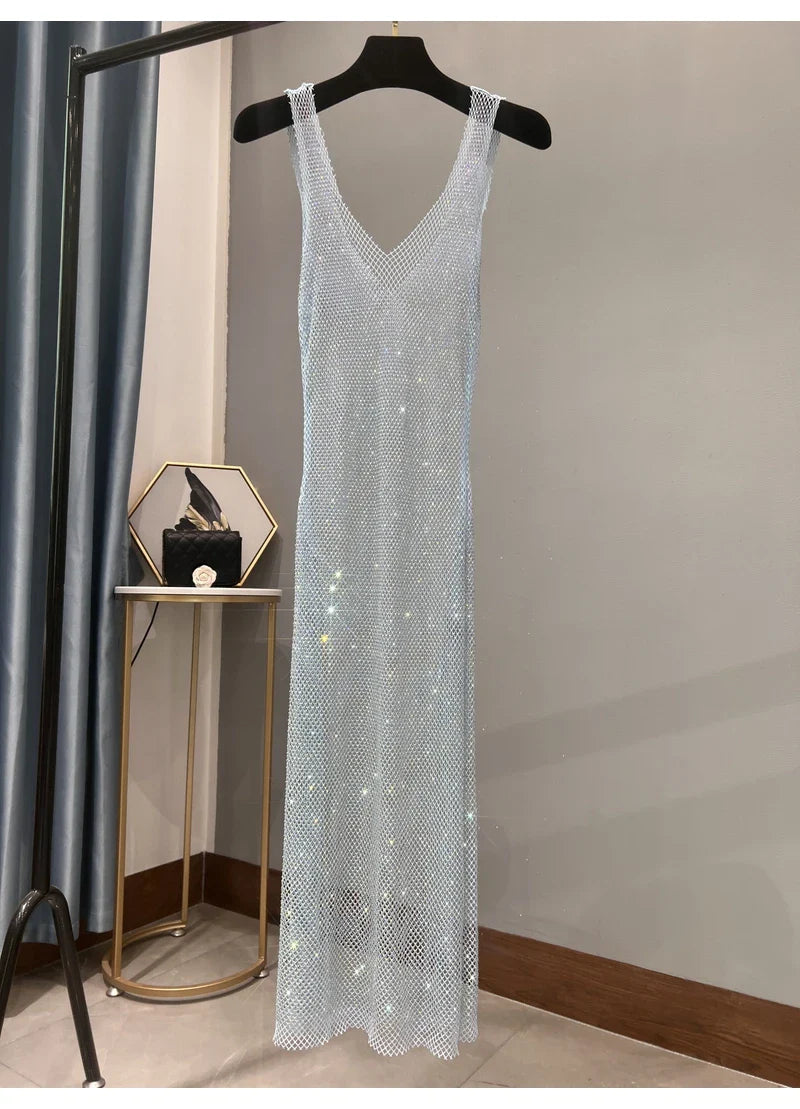 Rhinestone Party Dress Deep V Neck Mesh Club Wear For Women