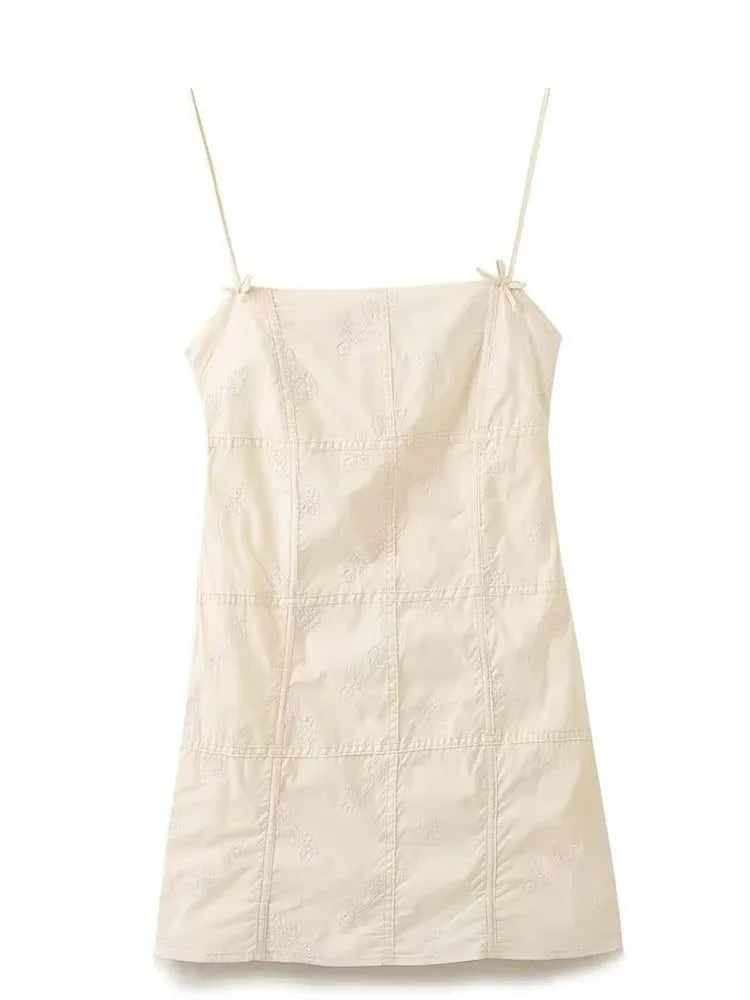 Floral Embroidery Bow Slip Mini Dress With Spaghetti Straps