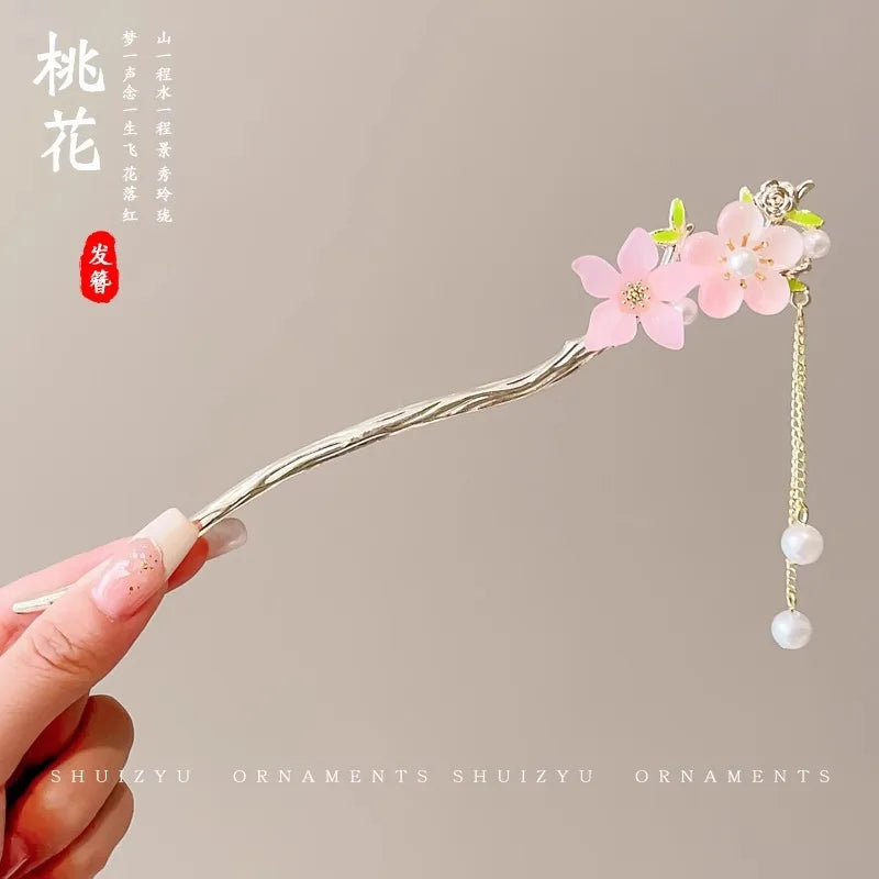 Elegant Enameled Flower Tassel Hair Clip Alloy Hairpin for Women Stylish Chinese Hair Accessory