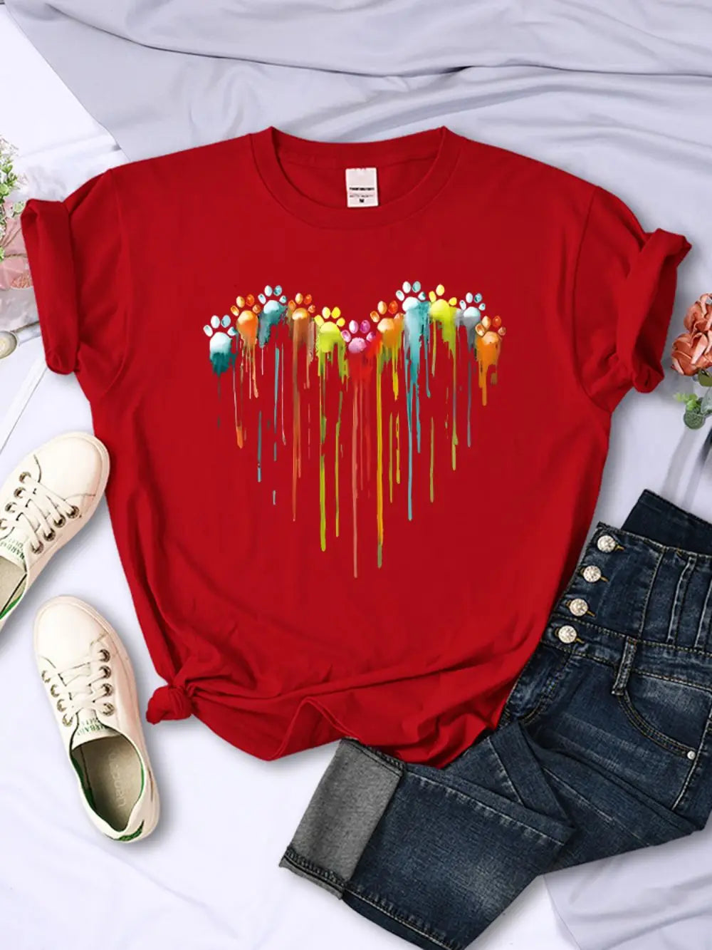 Multicolored Cat Paw Print T-Shirt for Women Comfortable O-Neck Short Sleeve Summer Casual Top