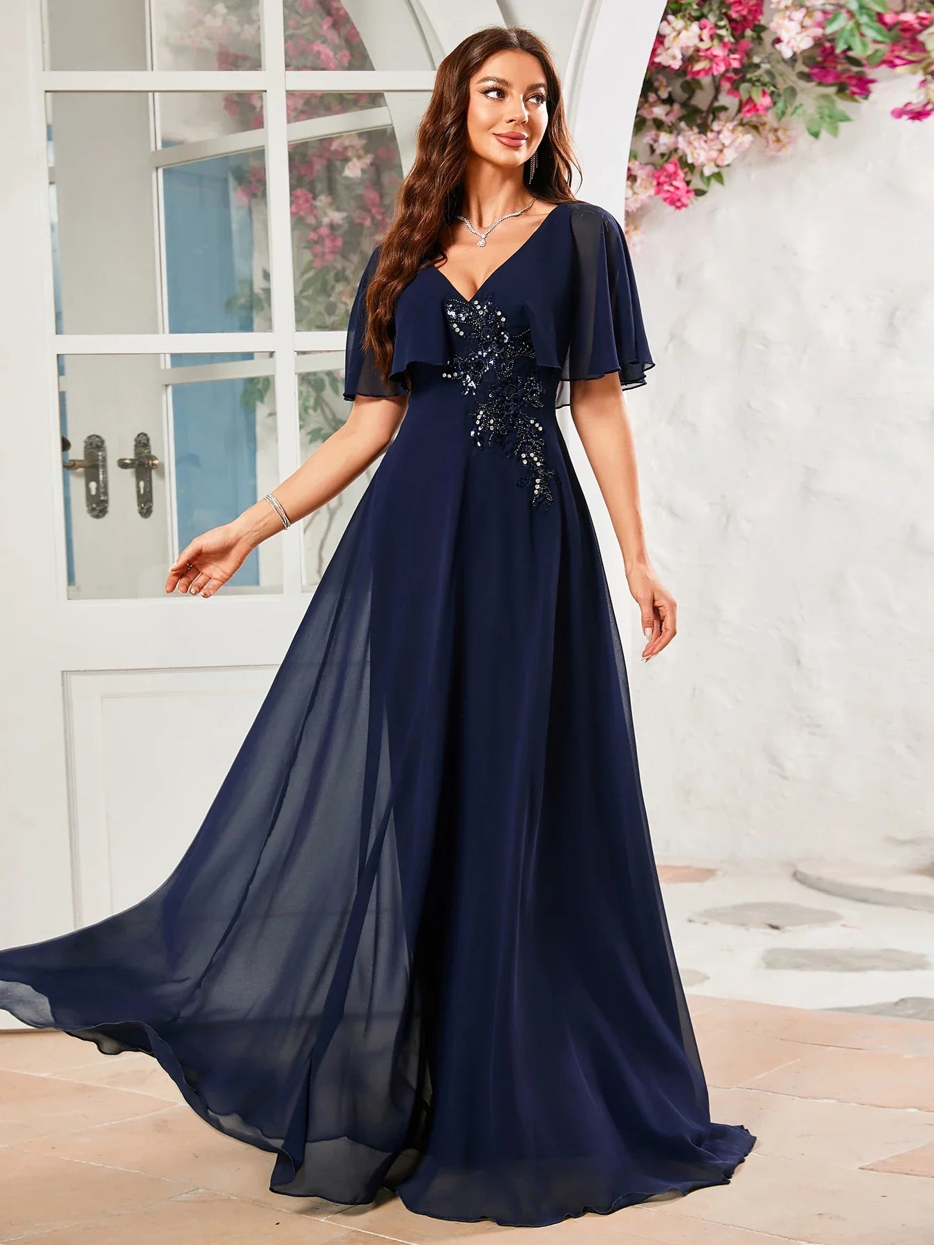 Flounce Sleeve V Neck Beaded Chiffon Bridesmaid Dress