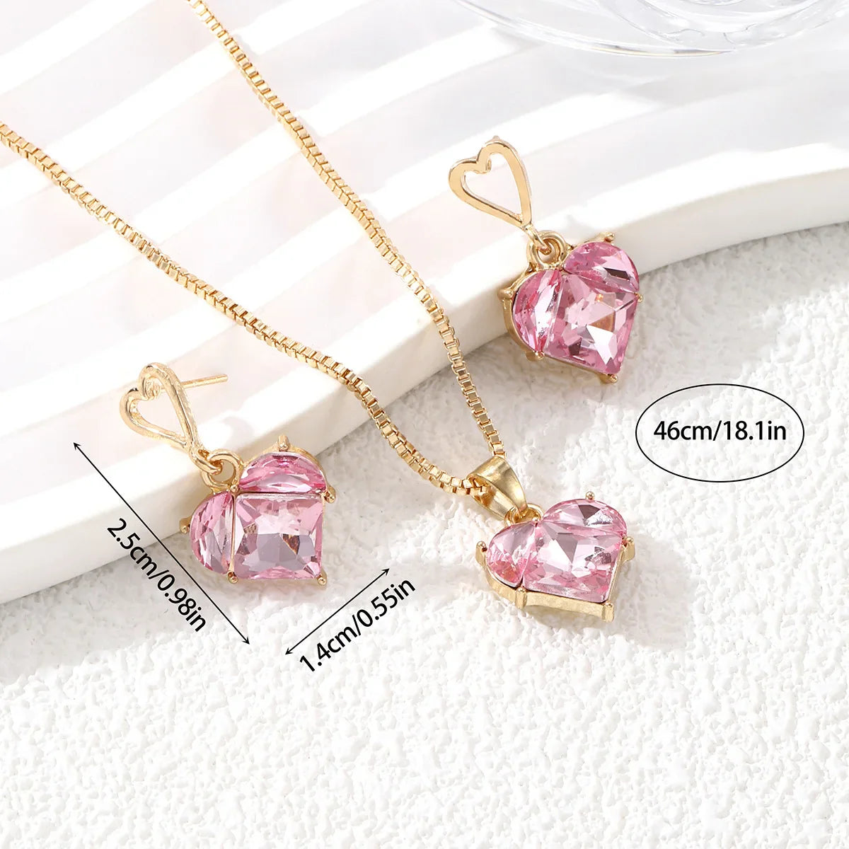3pcs Y2K Heart Shaped Zircon Pink Crystal Jewelry Set for Women Elegant Earrings and Necklace Gift