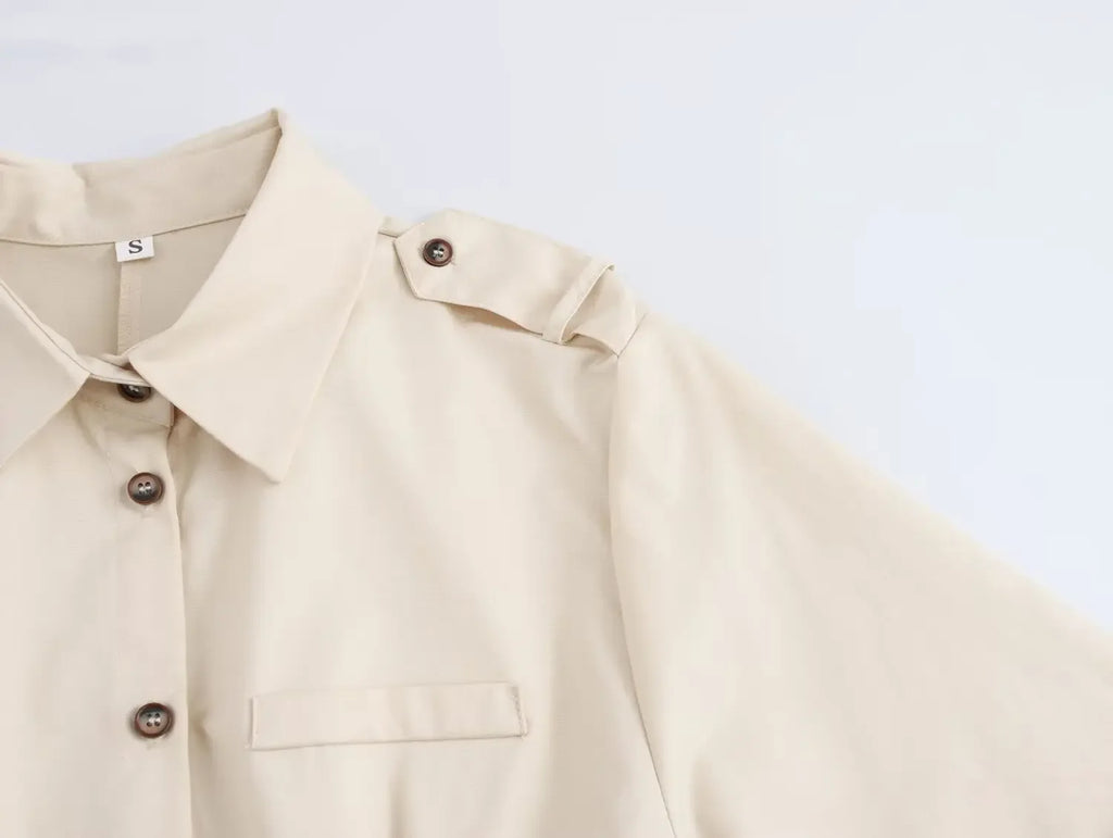 Versatile Women's Slim Fit Short Sleeve Lapel Shirt with Decorative Belt Strap and Curling Detail