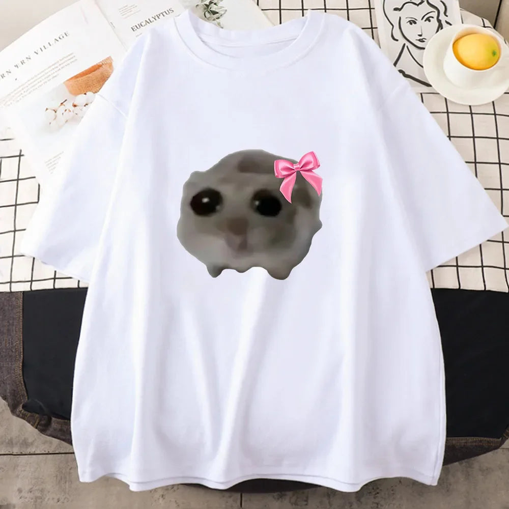 Sad Hamster Cartoon Graphic T-Shirt Pink Summer Comfortable Short Sleeve Tee for Men and Women
