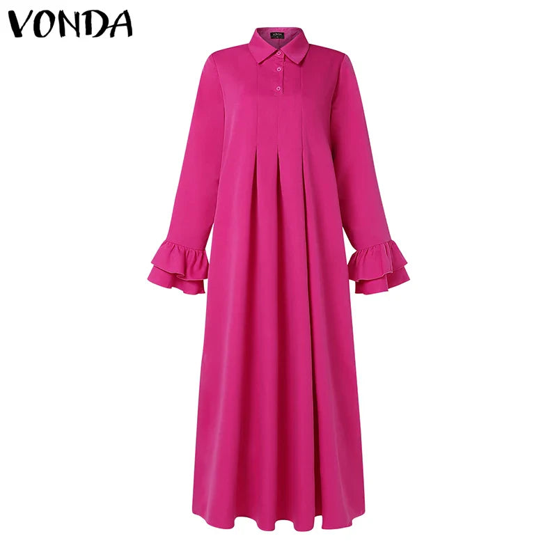 Bohemian Maxi Shirt Dress With Ruffle Pleats Long Sleeve