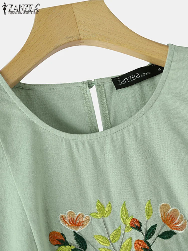 Floral Embroidery Sundress Cotton Midi Boho Vintage