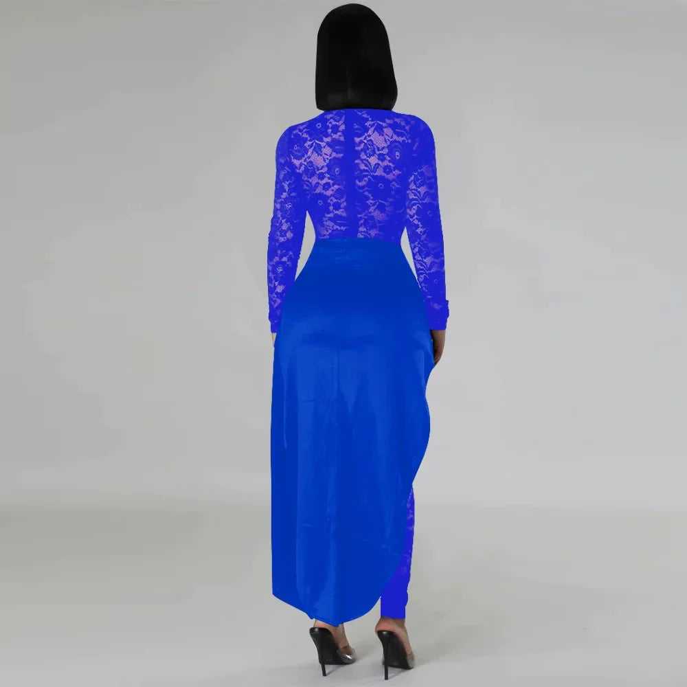 Sexy Sheer Floral Lace Jumpsuit with Overlay Skirt Stretchy Skinny One Piece Romper for Nightclub Party Women Clubwear