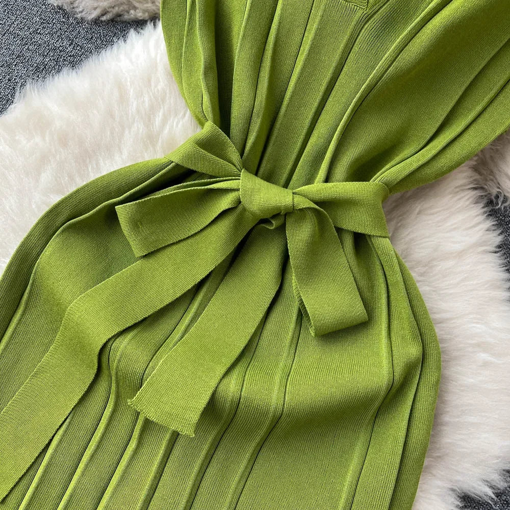 Solid Pleated Knitted Dress For Women Loose Fit Maxi