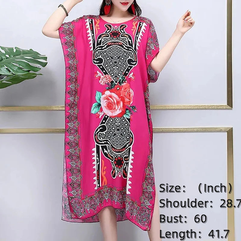 Retro Ethnic Print Batwing Sleeves Dress With High Slit