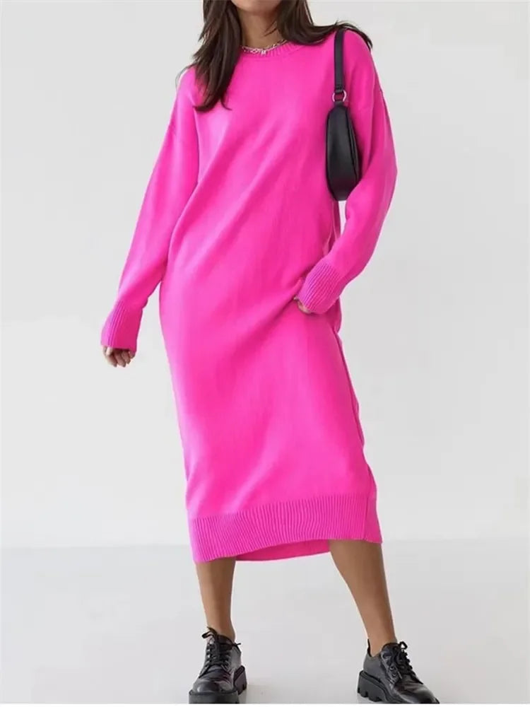 Oversize Knitted Dress for Women Long Sleeve O Neck Casual